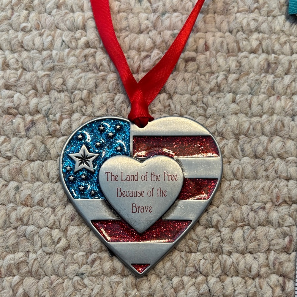 Patriotic Heart Ornament with Red Ribbon- Land of the Free Because of the Brave